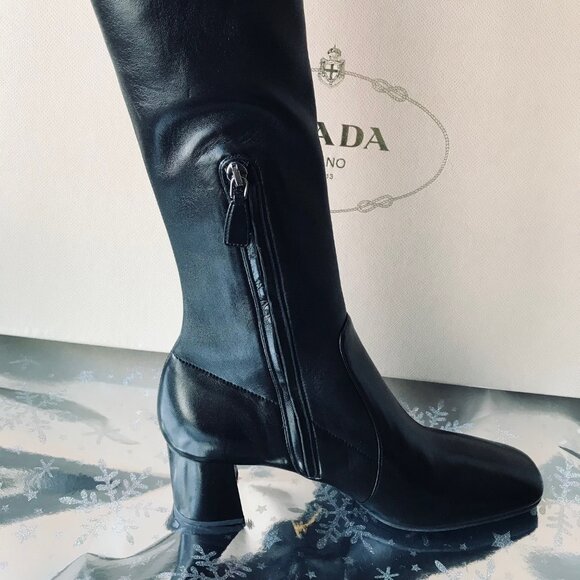 NEW Prada Women heeled leather Boots Black   Size 38.5 Made in Italy  New w Box - Picture 9 of 16